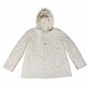 Sam Edelman Ivory Quilted Puffer Coat Hooded Bow Detail, Size Large
